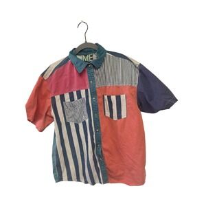Vintage 90s MEE Patchwork Colorblock Shirt Mens L‎ Striped Abstract Button Up
